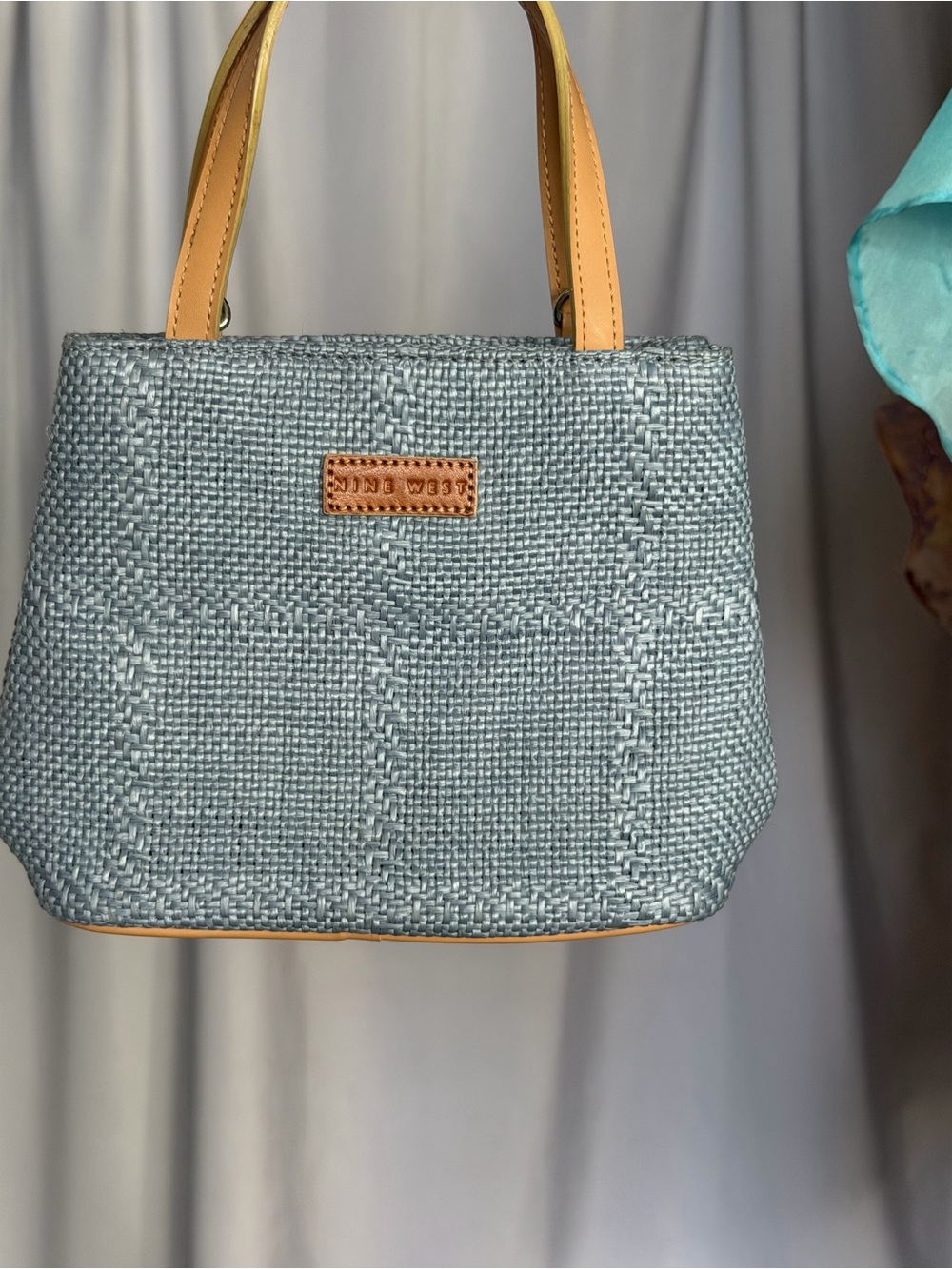 Nine West Light Blue Woven Tote with Tan Handles